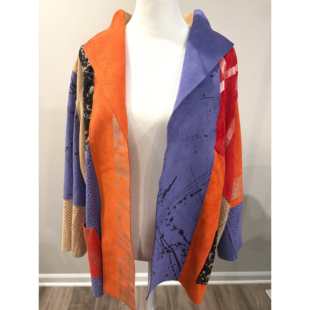 Art to Wear Faux Suede Lagenlook Patchwork Jacket L Perforated Paint Splatter
